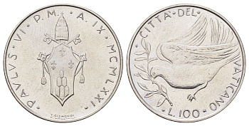 Ватикан 100 лир 1971 MCMLXXI KM 122 нержавеющая сталь UNC 4700-652