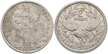 Французская Новая Каледония 2 франка 2004 птица кагу, (IEOM) KM 14, Schoen 11, Lec 68i алюминий    25-1642