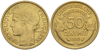 ФРАНЦИЯ 50 САНТИМОВ 1939 ТИП MORLON KM 894.1, LE FRANC 192.15 алюминиевая бронза 44-811