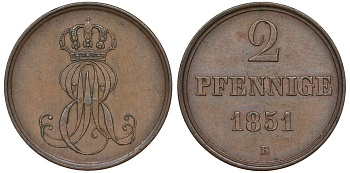 Ганновер 2 пфеннига 1851 B, Эрнст Август (1837-1851) KM 202.1, AKS 124, J. 75 медь 72-422