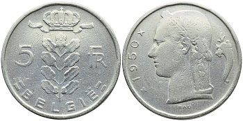 БЕЛЬГИЯ 5 ФРАНКОВ 1950 BELGIE KM 135.1 медно-никель 3999-741