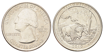 США 25 центов (квотер, 1/4 доллара) 2010 P, Квотеры «Парки США» - Национальный парк Йеллоустоун KM 470 медь плакированная медно-никелем UNC 4666-923