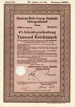 Германия 1000 рейхсмарок 1942 АО Химические заводы Эссенского каменного угля, 4 % долговое обязательство   бумага 8804-129-1