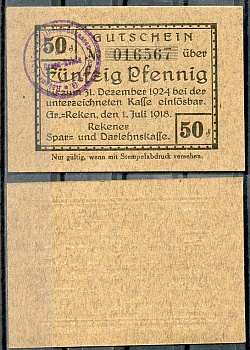 Германия, Рекен 50 пфеннигов 1920 нотгельд, 1.7.1918 Tie.2580/10  бумага  UNC (пресс) 8614-40-4-2