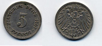 ГЕРМАНИЯ 5 ПФЕННИГОВ 1907 J, KM 11, J. 12 медно-никель 84-1661