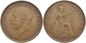 Великобритания 1 пенни 1936 Георг V (1910-1936) KM 838, Spink 4055 бронза 115-321