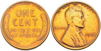США 1 ЦЕНТ 1936 ЛИНКОЛЬН KM 132 бронза 3309-1238