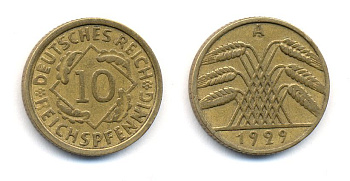 ГЕРМАНИЯ 10 РЕЙХСПФЕННИГОВ 1929 A, KM 40, J. 317 алюминиевая бронза 35-531
