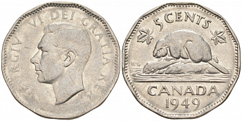 Канада 5 центов 1949 бобр, Георг VI (1937-1952) KM 42 никель 73-1323
