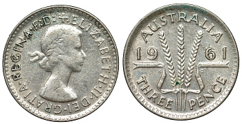 Австралия 3 пенса 1961 m, Елизавета II (1952-2022) KM 57 серебро 71-668