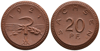 Саксония 20 пфеннигов 1921 колосья и серп J. N 53 фарфор UNC 1094-8-82