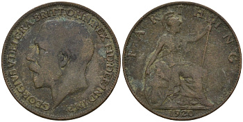 Великобритания 1 фартинг 1920 Георг V (1910-1936), светлая отделка KM 808.2, Spink 4060 бронза 4596-947