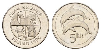 Исландия 5 крон 1996 дельфины KM 28a сталь плакированная никелем UNC 4586-443