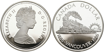 Канада 1 доллар 1986 100 лет Ванкуверу, паровоз KM 149 серебро PROOF 1095-4-51