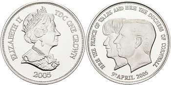 Тристан-да-Кунья 1 крона 2005 9 апреля 2005, свадьба принца Чарльза и Камиллы KM 41а серебро PROOF 1069-3-14