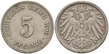 Германия 5 пфеннигов 1909 J KM 11, J. 12 медно-никель 4151-516