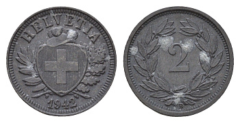 Швейцария 2 раппена 1942 B KM 4.2b цинк 4676-1116