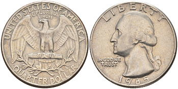 США 25 центов (квотер) 1965 Вашингтон KM 164a медь плакированная медно-никелем 08-835