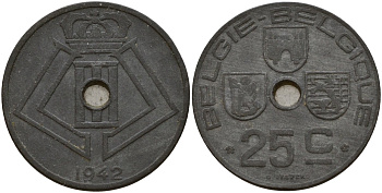 Бельгия 25 сантимов 1942 Belgie - Belgique, Леопольд III (1934-1947), германская оккупация, Вторая мировая война KM 132 цинк 4157-525