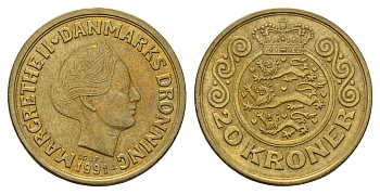 Дания 20 крон 1991 Маргрете II (1972-2024) KM 871 алюминиевая бронза 4670-1211