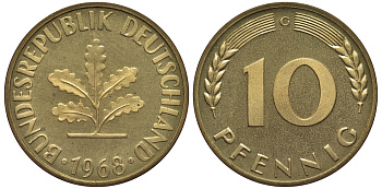 ФРГ 10 пфеннигов 1968 G J 383, KM 108 сталь плакированная латунью  PROOF  1099-4-25