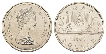 Канада 1 доллар 1986 Елизавета II (1952-2022), каноэ KM 120 никель UNC 4185-921