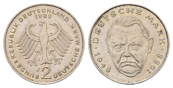 ФРГ 2 марки 1989 J, Людвиг Эрхард, 40 лет Федеративной Республике KM 170, J. 445 медно-никель плакированный никелем 183-216