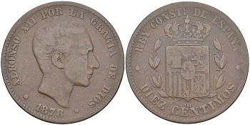 ИСПАНИЯ 10 СЕНТИМО 1878 ОМ, АЛЬФОНСО XII (1874-1885) KM 675 (Y70) бронза 4545-1222