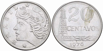 Бразилия 20 сентаво 1976 голова свободы влево KM 579.1a, Schon 84b нержавеющая сталь 108-1125