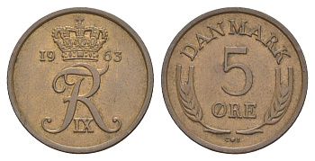 Дания 5 эре 1963 C; S, Фредерик IX (1947-1972) KM 848 бронза 4650-254
