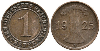 ГЕРМАНИЯ 1 РЕЙХСПФЕННИГ 1925 G KM 37, J. 313 бронза 39-918