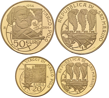 Сан-Марино 20 евро + 50 евро (набор из 2 монет) 2004 Марко Поло, в оригинальной коробке с сертификатом KM 465, 466 золото PROOF 00-000-00