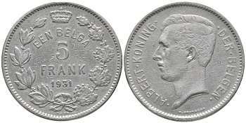 БЕЛЬГИЯ 5 ФРАНКОВ 1931 BELGEN KM 98 никель 83-1131