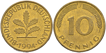 ФРГ 10 ПФЕННИГОВ 1994 J KM 108, J.383 сталь плакированная латунью 75-713