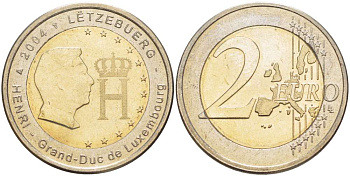 Люксембург 2 евро 2004 Портрет и монограмма герцога Люксембурга Анри Нассау KM 85 биметалл UNC 4517-644