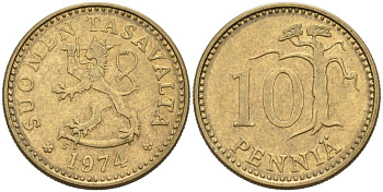 Финляндия 10 пенни 1974 S KM 46 алюминиевая бронза 4567-331