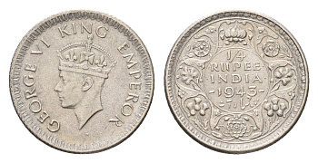 Британская Индия 1/4 рупии 1943 Георг VI (1936-1952) KM 546 серебро 4152-159