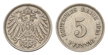 Германия 5 пфеннигов 1914 A, Вильгельм II (1888-1918) KM 11, J. 12 медно-никель 4636-268