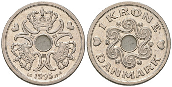 Дания 1 крона 1995 сердце LG, Маргрете II (1972-) KM 873 медно-никель aUNC 4561-457