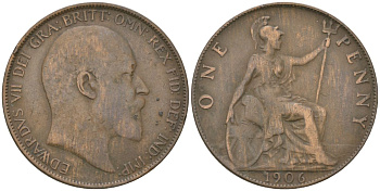 Великобритания 1 пенни 1906 Эдуард VII (1901-1910) KM 794.2, Spink 3990 бронза    4590-1122