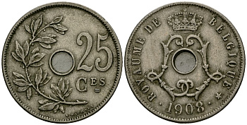 Бельгия 25 сантимов 1908 Belgique KM 62 медно-никель 4168-1136