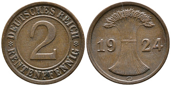 ГЕРМАНИЯ 2 РЕНТЕНПФЕННИГА 1924 G KM 31, J. 307 бронза 24-452
