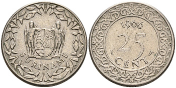 Суринам 25 центов 1966 KM 14 медно-никель 4585-964