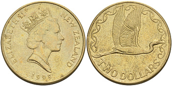 Новая Зеландия 2 доллара 1998 Елизавета II (1952-2022), большая белая цапля KM 79 алюминиевая бронза 4126-1221