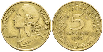ФРАНЦИЯ 5 САНТИМОВ 1966 ТИП MARIANE KM 933, LE FRANC 125.2 алюминиевая бронза 4516-816