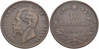 Италия 10 чентезимо 1867 H, Виктор Эммануил II (1861-1878) KM 11.3 медь 114-623