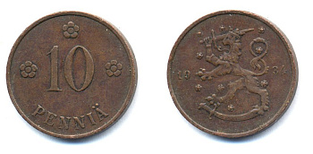 Финляндия 10 пенни 1934 республика (1918-1962) KM 24 медь 51-5344