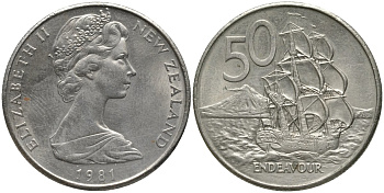 Новая Зеландия 50 центов 1981 Елизавета II (1952-2022), парусник Индевор KM 37 медно-никель 4578-113