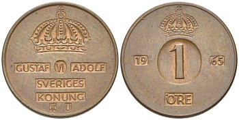 Швеция 1 эре 1965 U, Густав VI Адольф (1950-1973) KM 820 бронза 4516-426
