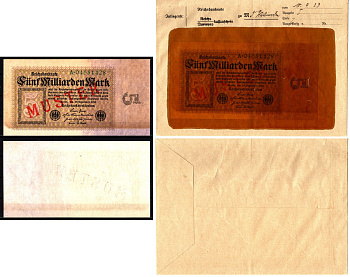 Германия 5000000000 марок 1923 10 сентября, MUSTER, образец, Specimen. В оригинальном банковском конверте. Из коллекции Отто Сейфферта (помощник Ялмара Шахта - министра экономики Германии и президента Рейхсбанка времен третьего рейха) Pick 115 s, Grabowsk